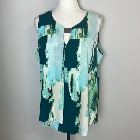 DKNYC Sleeveless Forrest Green/Blue/Cream Blouse Sz L - Picture 1 of 6